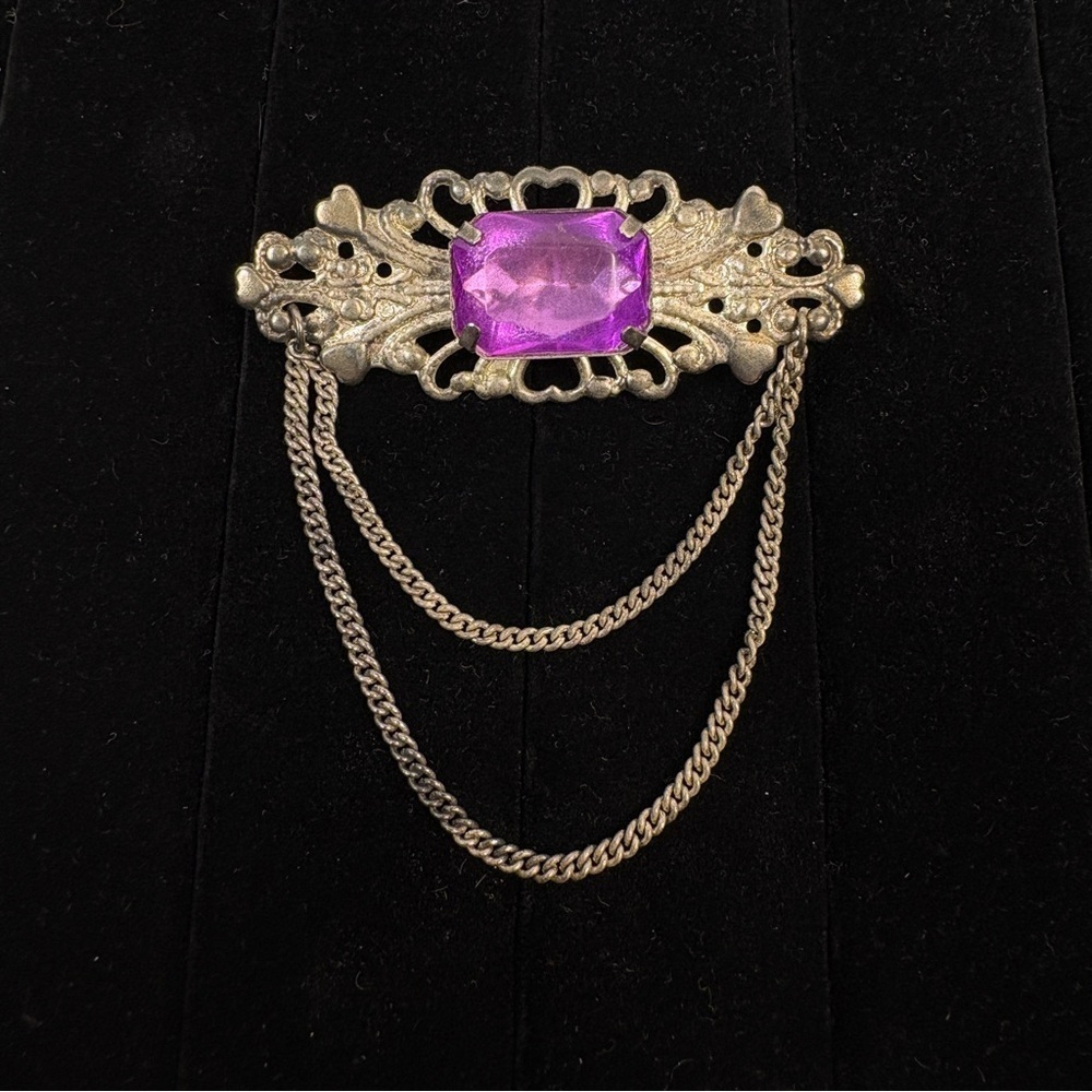 Vintage Style Purple Brooch with Ornate Filigree Dangling Chain